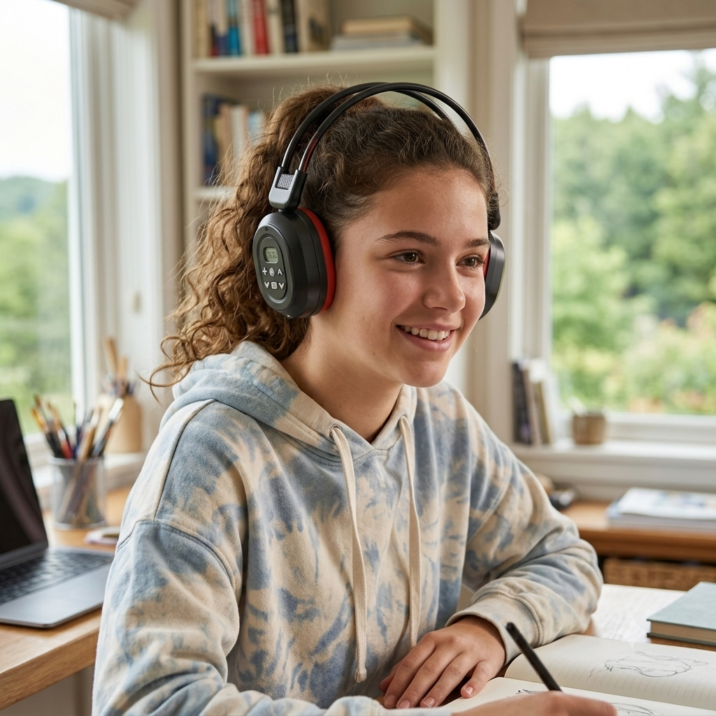 A smiling young woman with curly brown hair sits at a desk wearing black over-ear headphones with red accents. She is wearing a blue and beige tie-dye hoodie and writing in a notebook in a bright, sunlit home office with bookshelves and windows in the background.