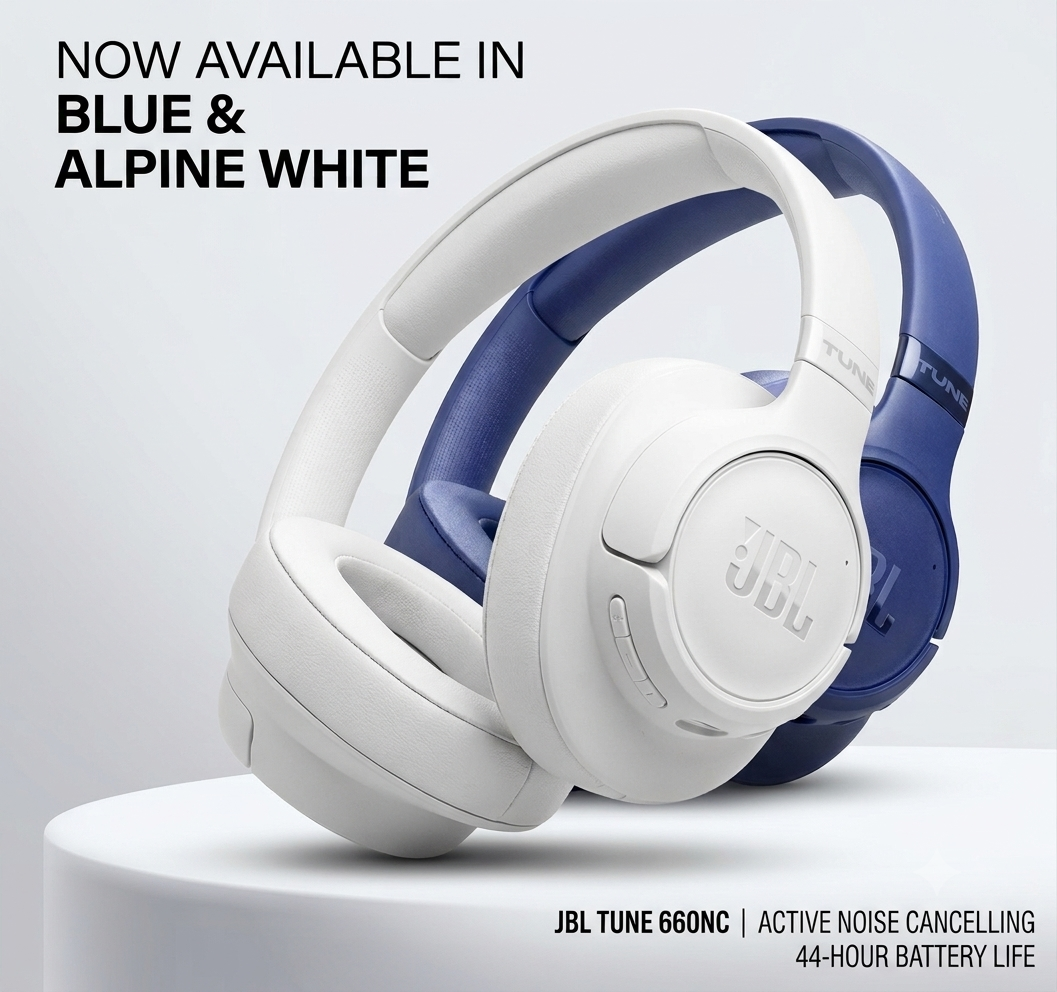 JBL Tune 660NC over-ear headphones shown in two colorways: a white version in the foreground and a blue-and-white version behind it, displayed on a white pedestal with promotional text reading 'NOW AVAILABLE IN BLUE & ALPINE WHITE' and 'JBL TUNE 660NC | ACTIVE NOISE CANCELLING 44-HOUR BATTERY LIFE'.